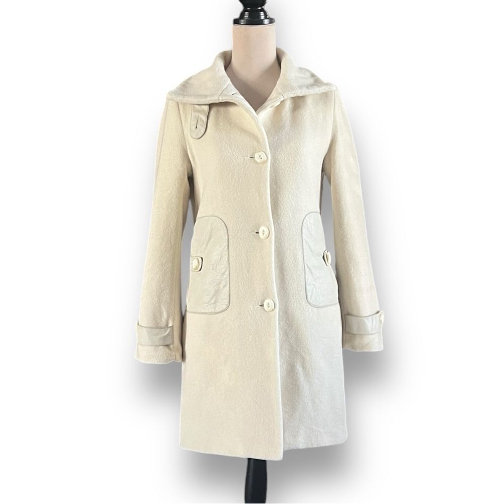 Mackage Wool Mid Length Cream Coloured Pea Coat with Leather Accents, Medium
